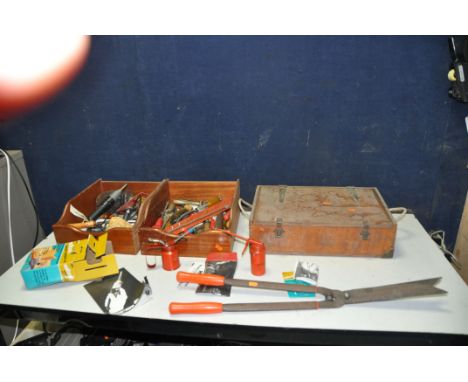 TWO WOODEN DRAWERS AND A WOODEN BOX CONTAINING TOOLS, including a Wolfcraft Dovetail Jig, two vintage oil cans, chisels, scre