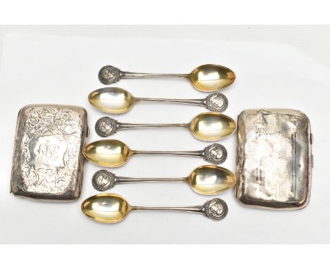 TWO SILVER CIGARETTE CASES AND SIX TEASPOONS, the first a/f cigarette case with an engine turned pattern and engraved cartouc