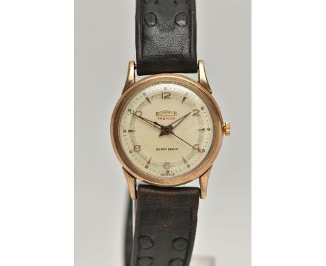 A GENTS 9CT GOLD 'ROAMER' WRISTWATCH, manual wind, round silvered dial signed 'Roamer Premier, Super Shock', alternating Arab