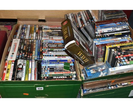 THREE BOXES OF DVDS AND A LEATHER CABINET CONTAINING CDS, to include over one hundred C.Ds, artists include Rod Stewart, Dire