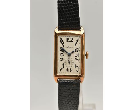 AN EARLY 20TH CENTURY 9CT GOLD MAPPIN WRISTWATCH, the rectangular 9ct gold head with light coloured face, black Arabic numera