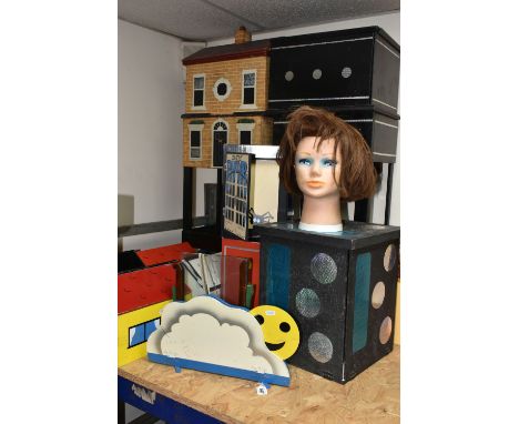 A QUANTITY OF VINTAGE MAGICIAN'S WOODEN MAGIC PROPS, to include wooden boxes, a mannequin head, house shaped props (Qty) (Con