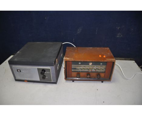 A PYE VINTAGE VALVE RECORD PLAYER with blue/grey and black covering and a Monarch turntable (PAT pass and working) along with