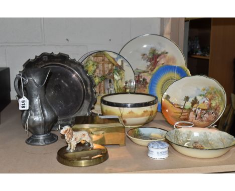 A COLLECTION OF ROYAL DOULTON 'RUSTIC ENGLAND' PLATES AND SUNDRIES, comprising a pewter pitcher, a Walker &amp; Hall silverpl