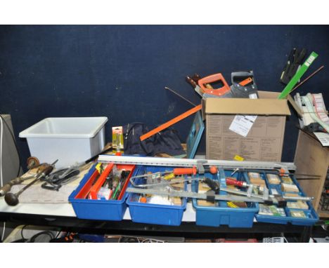 A PLASTIC TOOLBOX, A TUB AND A BOX CONTAINING TOOLS, including saws, clamps, two hand braces, a selection of brace bits, a Sa