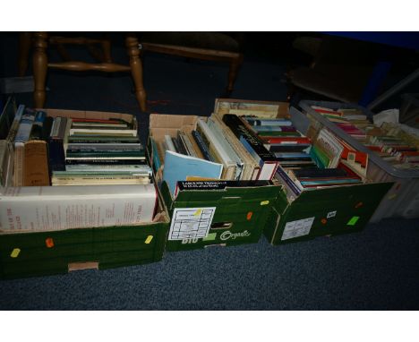 FOUR BOXES OF BOOKS AND MAPS, containing over 100 book titles in hardback and paperback formats, subjects include geography a