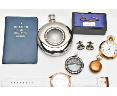 A BOX OF ASSORTED ITEMS, to include a 'Smiths' open face pocket watch, a 'Avalon' pocket watch, a drinks flask, a sovereign c