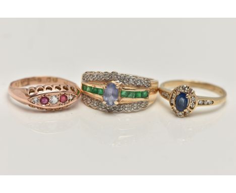 THREE GEM SET RINGS, to include a blue sapphire and diamond cluster ring, hallmarked 9ct Birmingham import, ring size K 1/2, 