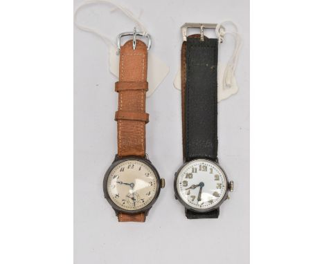 TWO EARLY/MID 20TH CENTURY SILVER WRISTWATCHES, the first with manual wind movement, round white dial, Arabic numerals, subsi