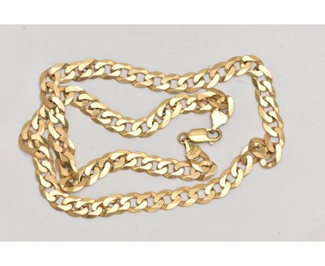 A 9CT GOLD FLAT CURB LINK CHAIN, fitted with a lobster clasp, hallmarked 9ct Birmingham, length 510mm, approximate gross weig