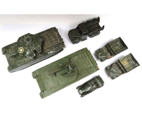 Britains damaged Vehicles Centurion Tank, Centurion self-probelled Gun, split windscreen Tender with driver, Beetle Lorries (