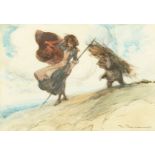 Tom Browne, early 20th century British, Two figures tending the crop and bringing in the sheaves,
