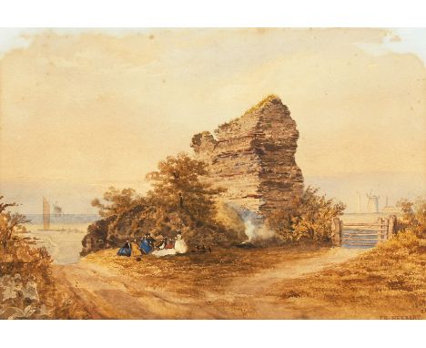 John Rogers Herbert (1810-1890) British, A study of people picnicking in the shade of a derelict building with seascape in th