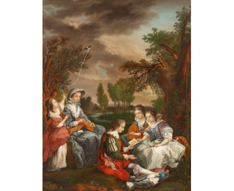 18th century school, A scene of figures at leisure in a parkland setting with a young girl playing with a small bird, oil on 