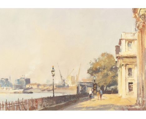 Trevor Chamberlain (b.1933) British, 'Waterfront, R. N. College, Greenwich', three figures standing outside the Royal Naval c