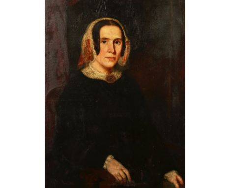 Early 19th century English school, A portrait of a Lady in a headdress, oil on canvas, 36" x 28".