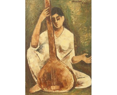 Parshotam Singh (20th Century) Indian, A study of a female figure playing a Tanpura, oil on canvas, signed, 22" x 16".
