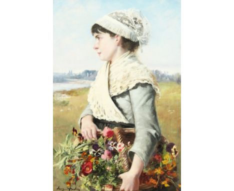 Eugene Andre (19th/20th century) French, Portrait of a young lady with a bouquet of wildflowers in a river landscape, oil on 