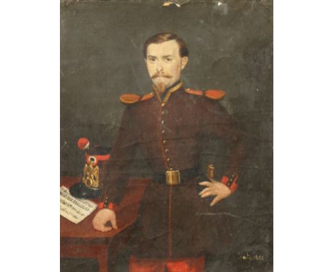 19th century French school, A portrait of an officer from the Imperial guard, indistinctly signed and dated 1886, 11" x 8.5".