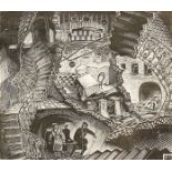 Russian school, surrealist composition of figures leaving a tunnel, wood engraving, indistinctly