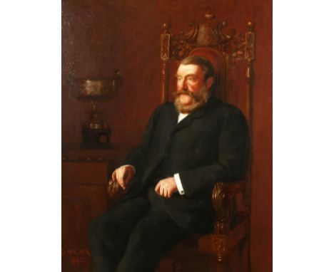 Late 19th century English school portrait of a seated gentleman beside a trophy, oil on canvas, signed with initials and date