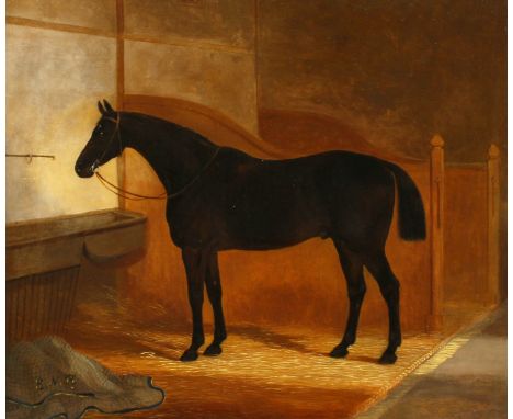 English school (19th century), Portrait of a horse in a stable, signed with initials, oil on canvas, 20" x 24".