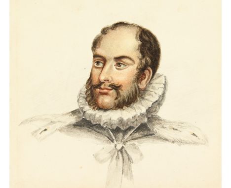18th century, A portrait of a gentleman in a lace ruff, watercolour and pencil, Unframed, 4.5" x 6".
