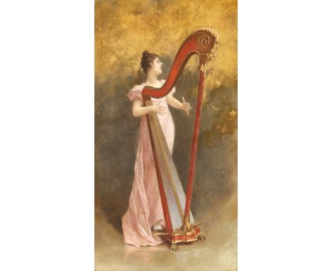 Attributed to George Croegaert (1848-1923) Belgian, A study of an elegant lady in a pink dress playing a harp, oil on mahogan