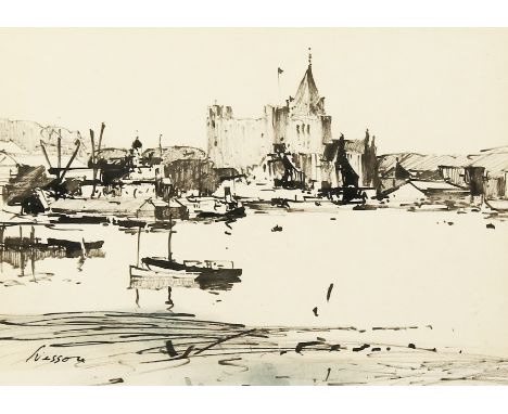 Edward Wesson (1910-1983) British, Sketch of a castle by a river, ink &amp; wash, signed, 7.5" x 10.5".