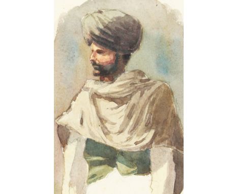 Circle of E.L. Weeks. Portrait of a gentleman wearing a turban, watercolour and pencil, 5" x 3.5".
