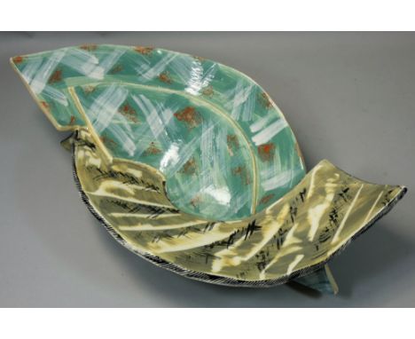 Carol McNicoll (b.1943), an unusual split ceramic bowl, in the form of two interwoven arches, painted signature to the base, 