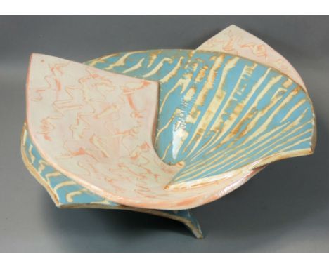 Carol McNicoll (b.1943), an unusual split ceramic bowl, in the form of two interwoven arches, painted signature to the base, 