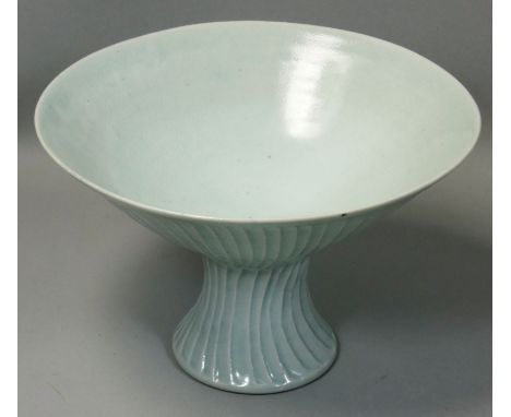 David Leach OBE (1911 - 2005), a porcelain fluted pedestal bowl, pale green celadon glaze over delicate fluting, impressed DL