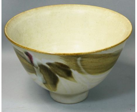 David Lloyd-Jones (1928-1994), a stoneware bowl with flower glazed decoration, on a cream ground, impressed makers initials, 