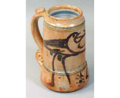 Seth Cardew (1934 - 2016), a stoneware mug decorated with birds, with scroll handle, for Wenford Bridge Pottery, dated 2000, 