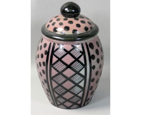 Karen Bunting, a stoneware lidded container, in mottled salmon and grey glaze, engraved 'K Bunting', height 21cm.