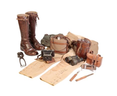 A COLLECTION OF BRITISH GREAT WAR MILITARIA  A pair of Binoculars by Lemaire Fabt Paris in a leather case by W. Swart dated 1