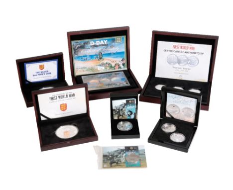 MEDALS AND COINS, Second World War Silver Proof Commemorative Issues, including a Jersey £10 5oz poppy coin, in case with cer