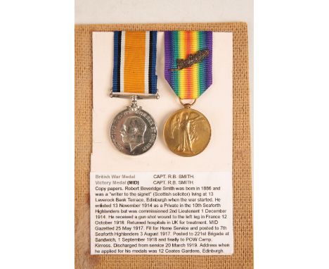 MENTIONED IN DESPATCHES GREAT WAR PAIR TO CAPTAIN R B SMITH  Correctly impressed Capt R B Smith  MID - 25th May 1917.  Condit