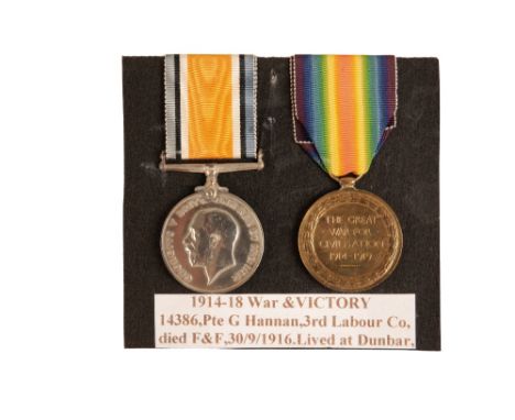 GREAT WAR CASUALTY PAIR TO S-14386 PTE G HANNAN SEAFORTHS  Correctly impressed - S-14386 Pte G Hannan Seaforth  Condition VF 