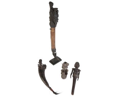 SUMATRA BATAK HORN MEDICINE CONTAINER, the lid with a carved figure riding on a mythical beast, Plus carved wood and bamboo B