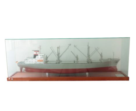 A METAL SCALE MODEL OF A SHIP "Strahlenfels" in a perspex case, with plaque, 60cm x 170cm