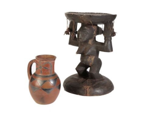 CARVED WOOD DARK PATINATED LUBA CARAYTID STOOL, female figure with bent knees supporting the stool, height 44cm diam 29cm, Wi