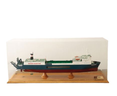 SCALE MODEL OF A CONTAINER SHIP "Anglebury Nassau" by the Wessex Maritime Ltd London, in a perspex display case, 45cm x 105cm