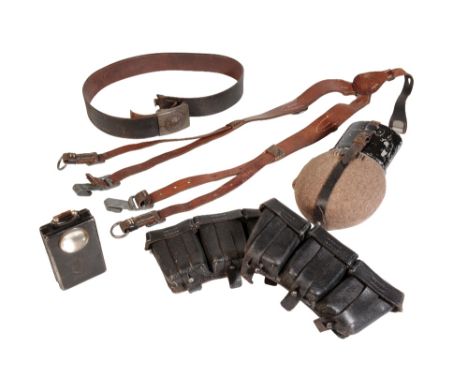 A SECOND WORLD WAR GERMAN ARMY BELT AND FIELD EQUIPMENT COLLECTION  1. German Army Belt and Buckle - the tongue is stamped Lu