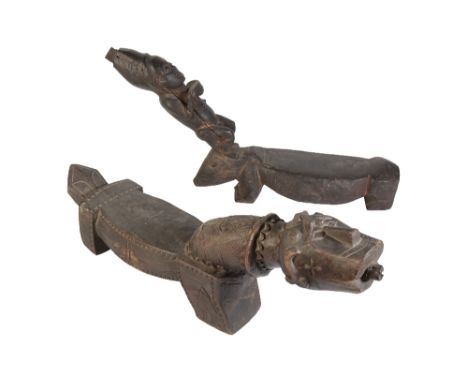 NIAS COCONUT GRATER STOOL, ANIMAL BODY WITH HUMAN HEAD, some geometric decoration with a dark patina, and another with carved