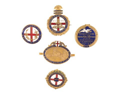 A COLLECTION OF FIVE ENAMEL BADGES COMMEMORATING THE BOMBARDMENT OF HARTLEPOOL DURING THE GREAT WAR.  1. Thanks Giving Day In