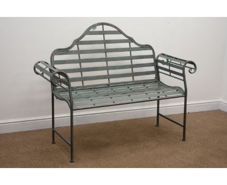 Wrought metal rustic grey garden bench with curved arms and shaped back, W125cm Condition Report Click here for further image