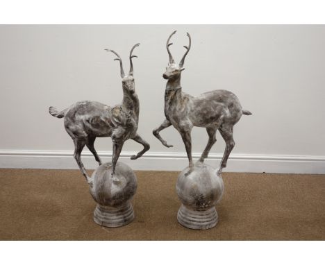 Pair cast metal garden stags figures/gate post finials on spherical mounts, H91cm  Condition Report Click here for further im