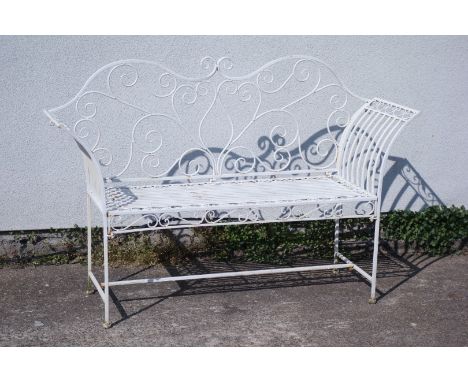 White painted open work wrought metal garden bench, L144cm Condition Report Click here for further images, condition, auction